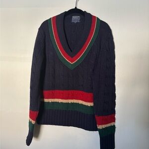 Vintage 1980’s GANT Navy V-Neck Cricket Sweater with Stripes in 100% Wool